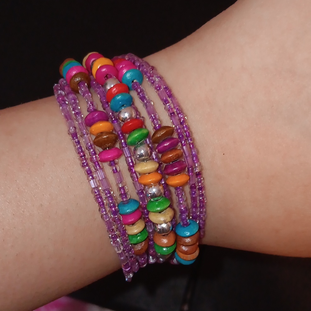 Purple And Wood Beaded Bracelet